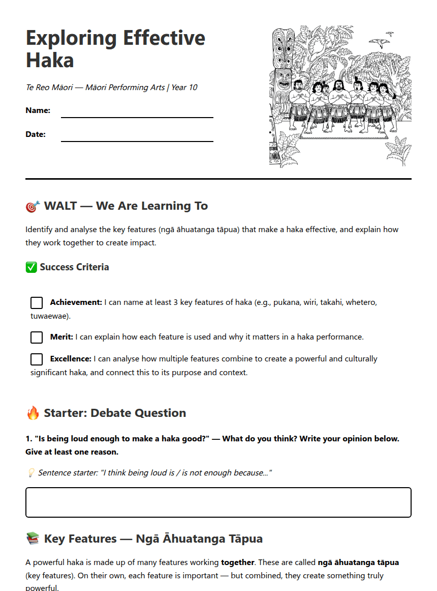 "Exploring Effective Haka" worksheet preview
