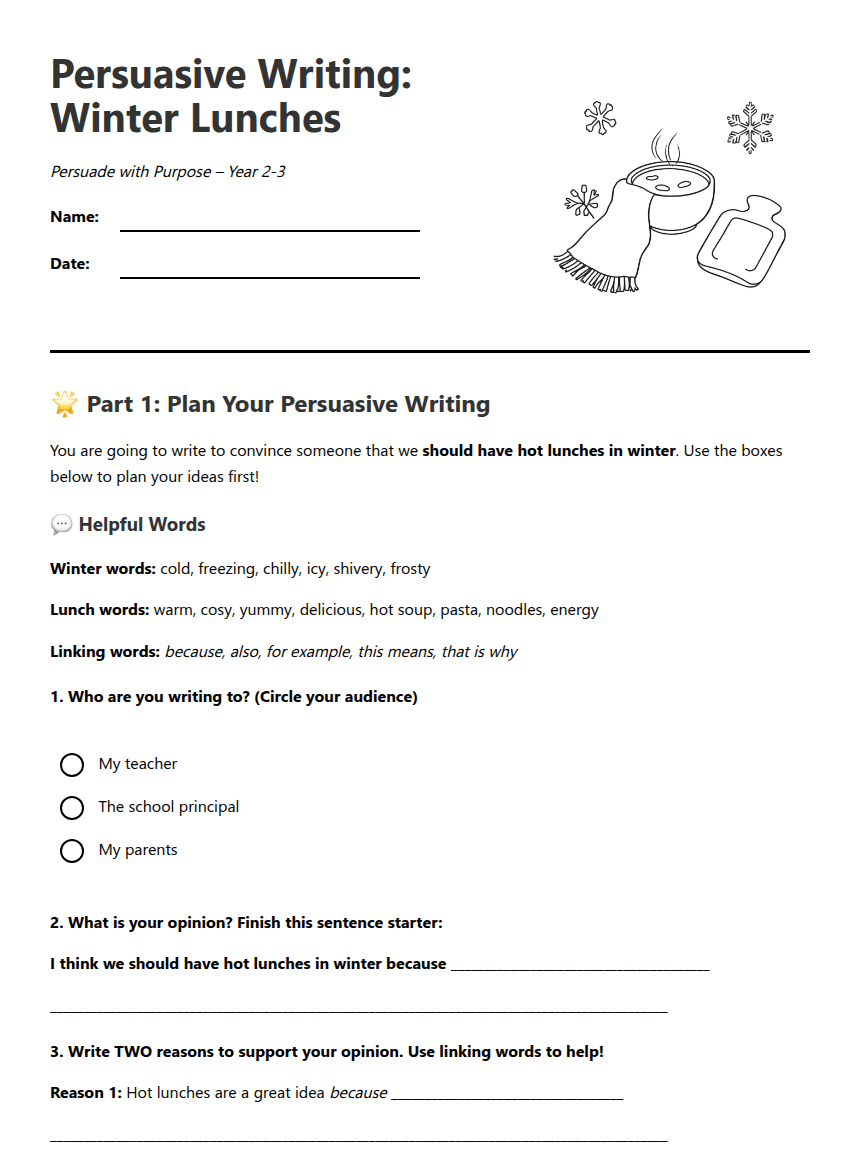 Persuasive Writing: Winter Lunches worksheet preview