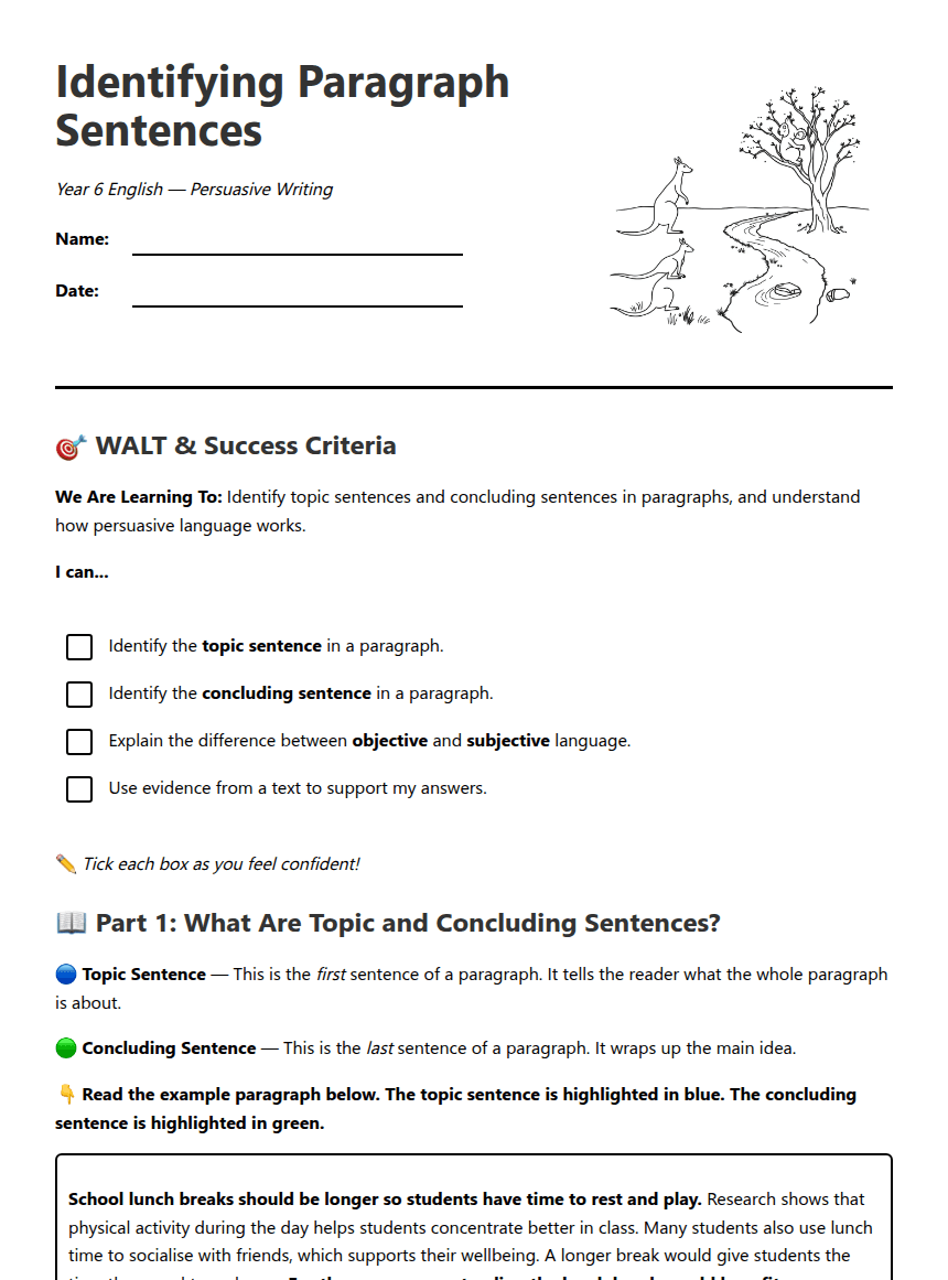 Identifying Paragraph Sentences worksheet preview