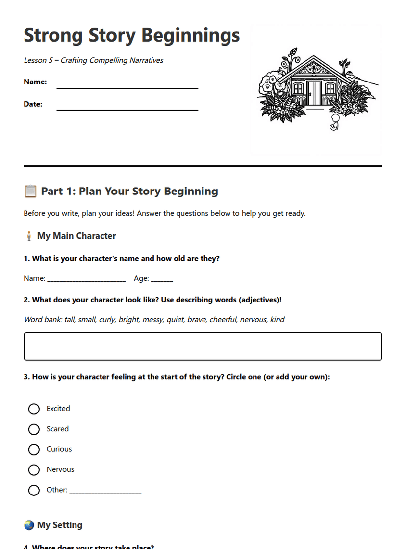 Strong Story Beginnings Worksheet