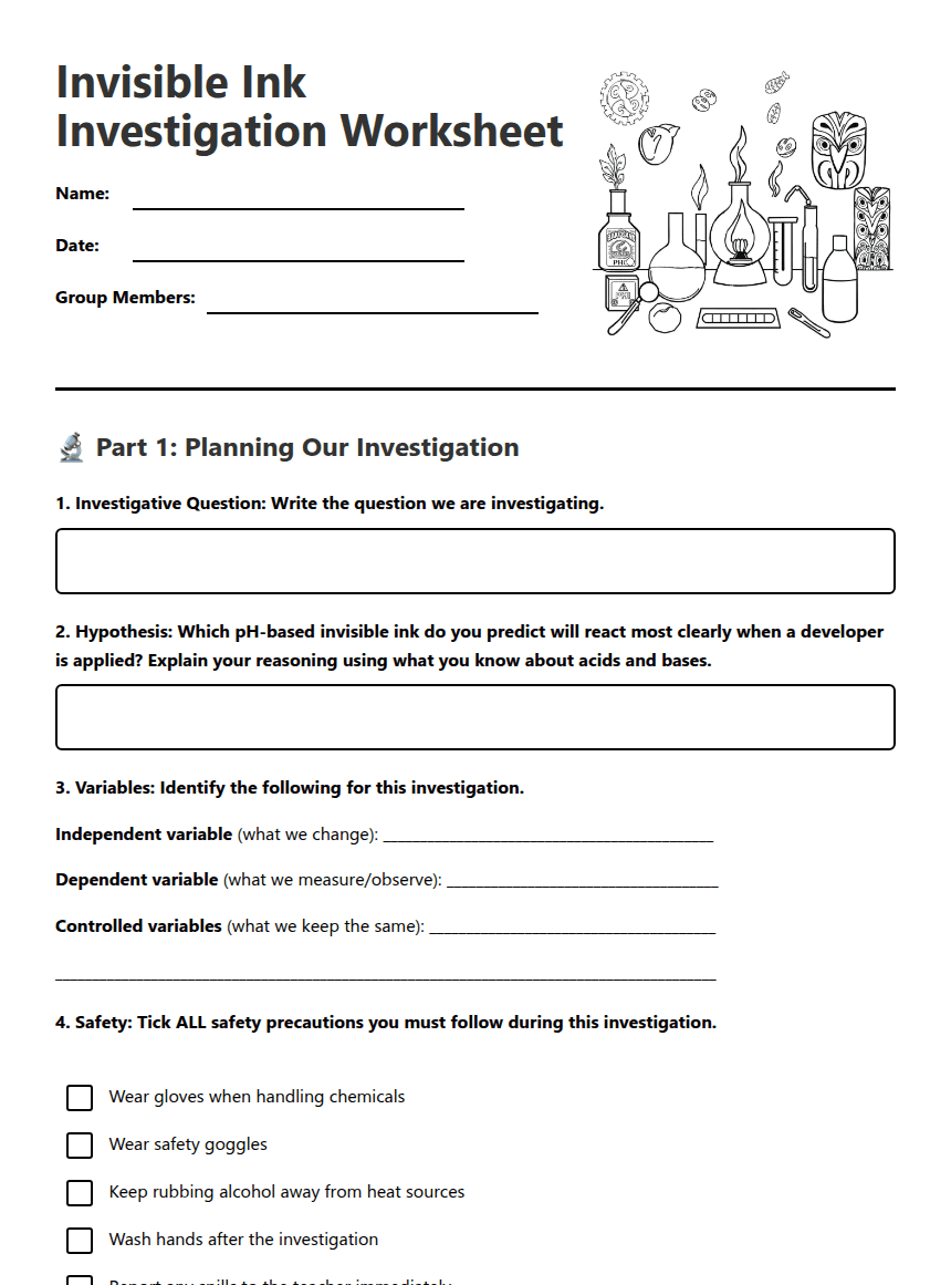 Invisible Ink Investigation Worksheet worksheet preview