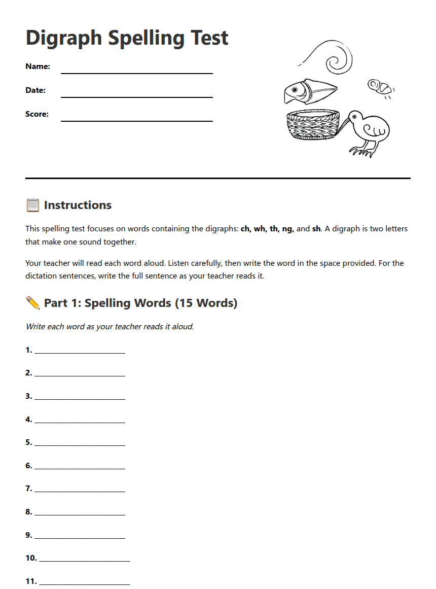 Digraph Spelling Test Worksheet worksheet preview