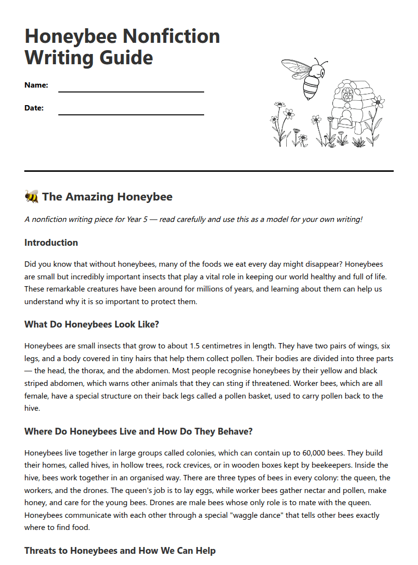 Honeybee Nonfiction Writing Guide worksheet preview