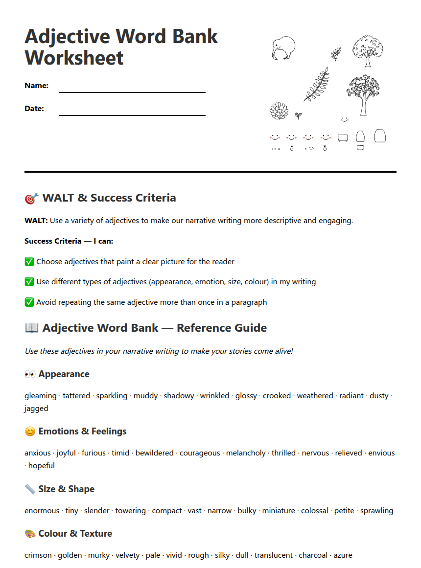 Adjective Word Bank Worksheet worksheet preview