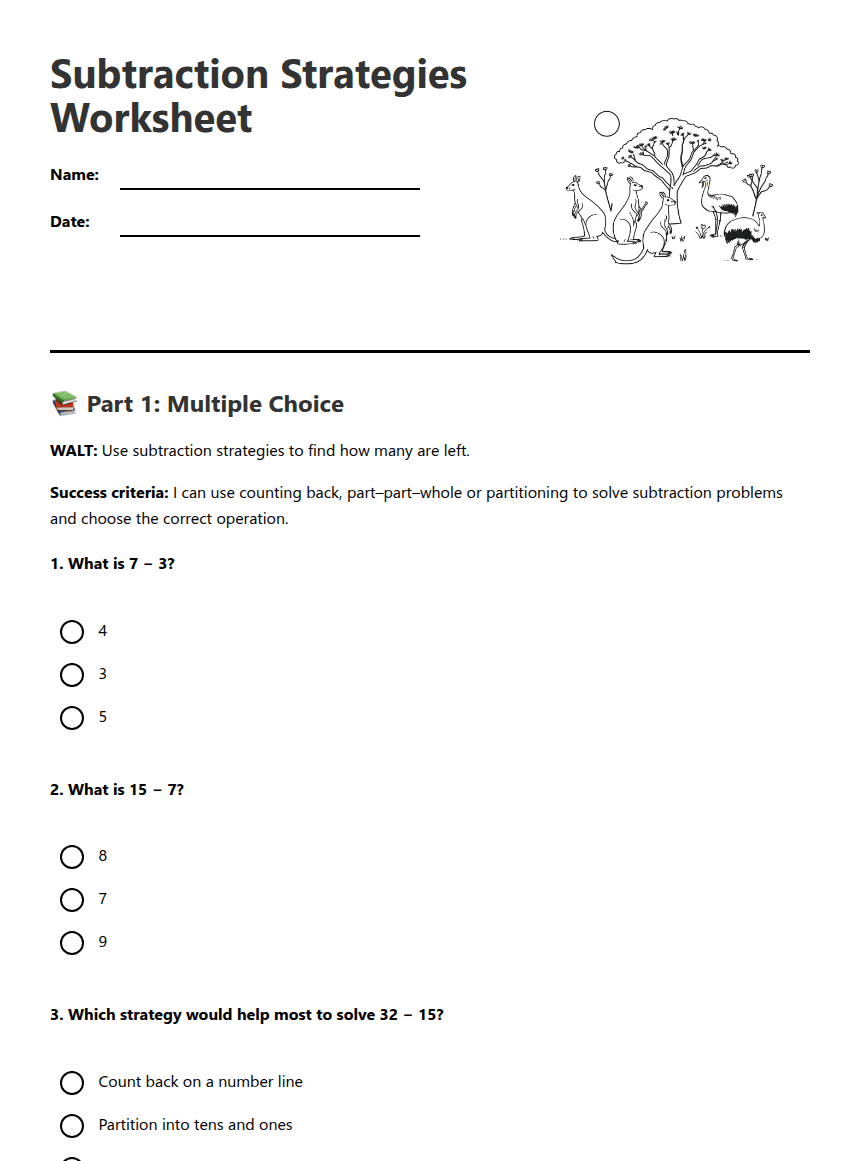 Subtraction Strategies Worksheet worksheet preview