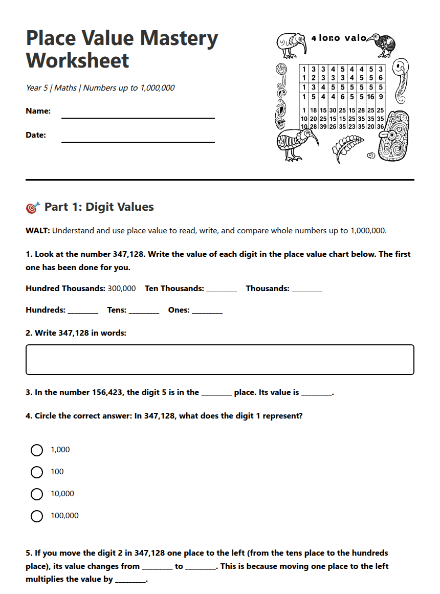 Place Value Mastery Worksheet worksheet preview