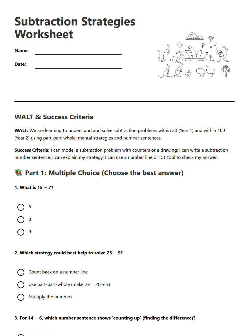 Subtraction Strategies Worksheet worksheet preview