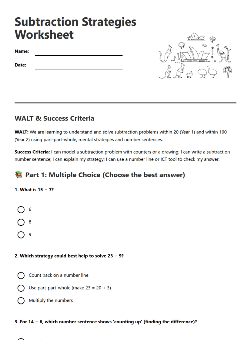 Subtraction Strategies Worksheet