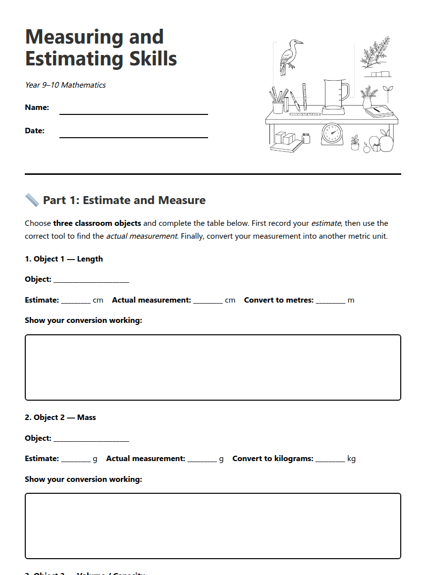 Measuring and Estimating Skills worksheet preview