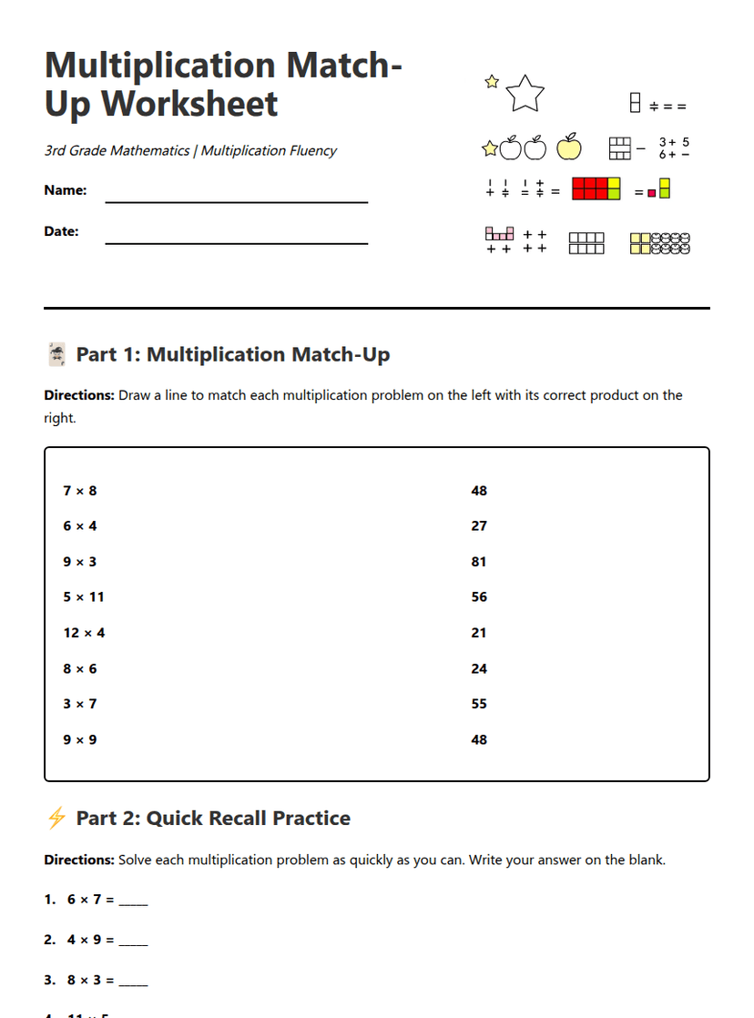 Multiplication Match-Up Worksheet