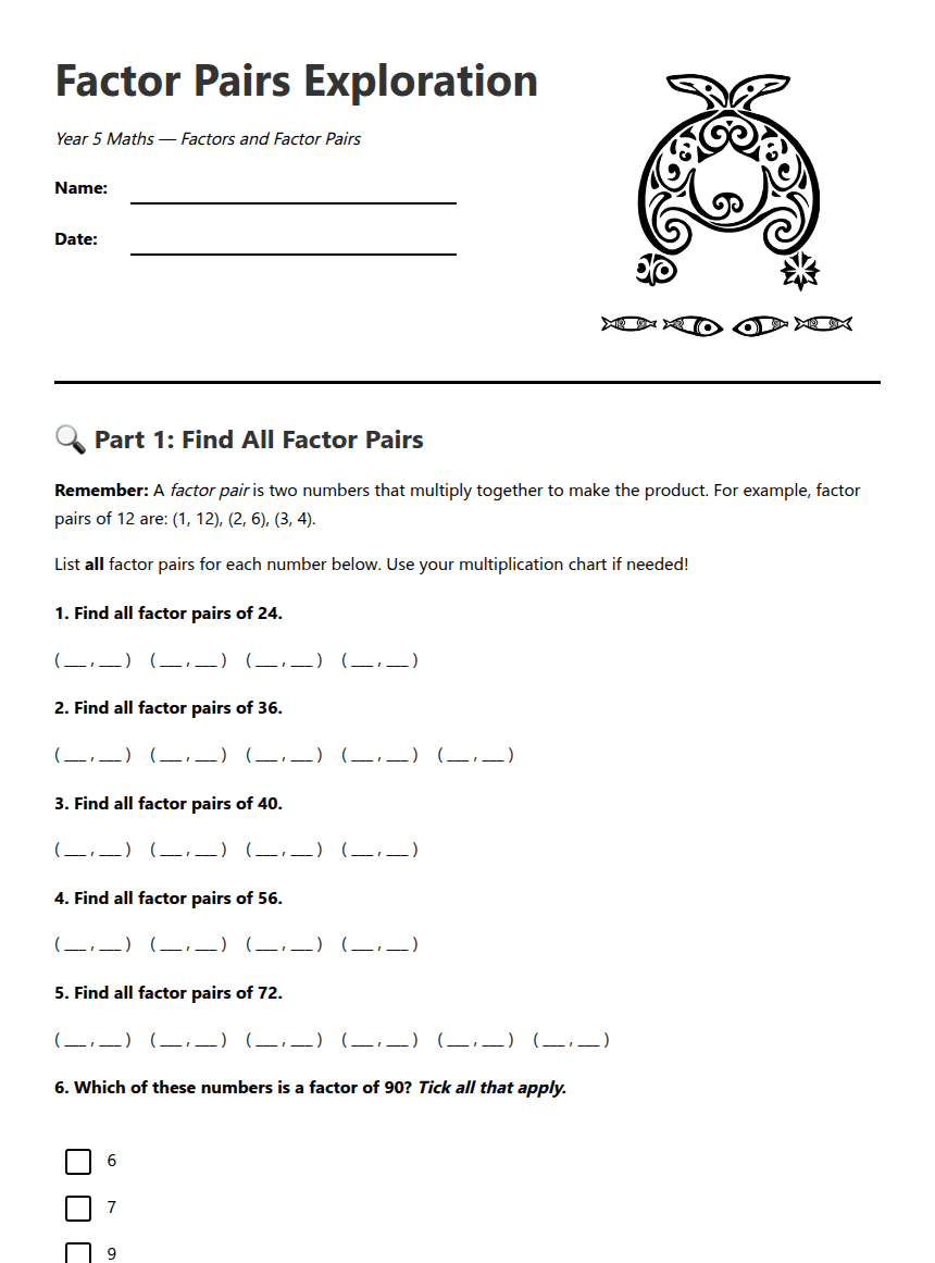 Factor Pairs Exploration worksheet preview