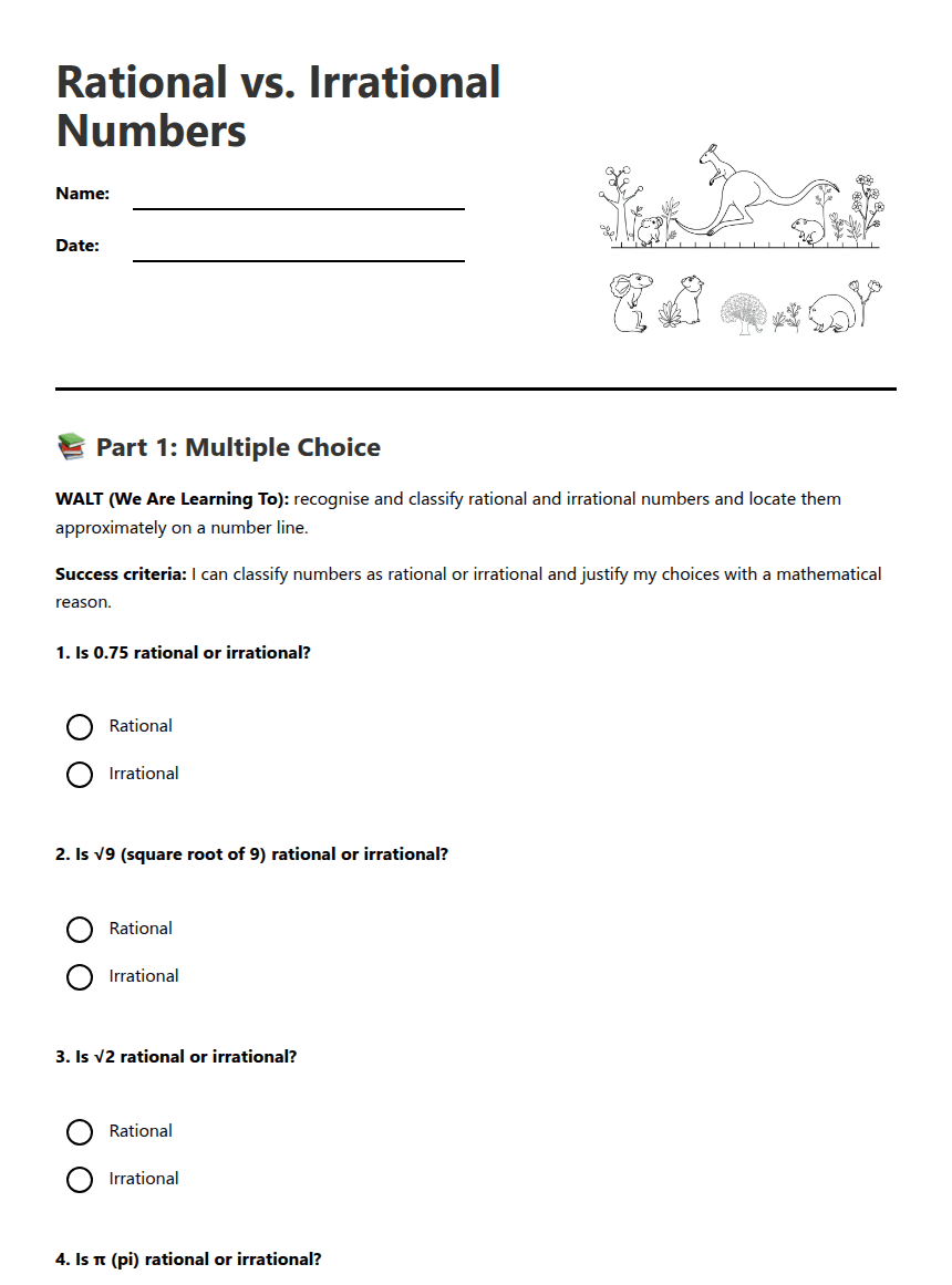 Rational vs. Irrational Numbers worksheet preview