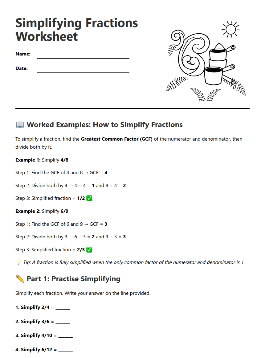Simplifying Fractions Worksheet worksheet preview