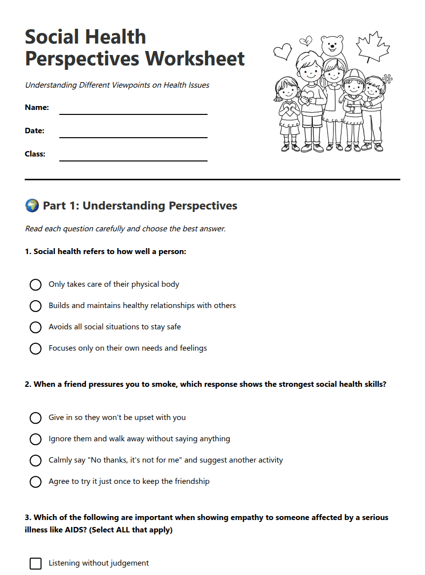 Social Health Perspectives Worksheet worksheet preview