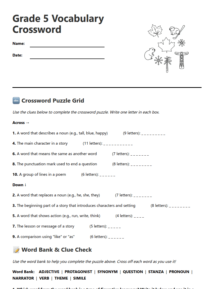 Grade 5 Vocabulary Crossword worksheet preview
