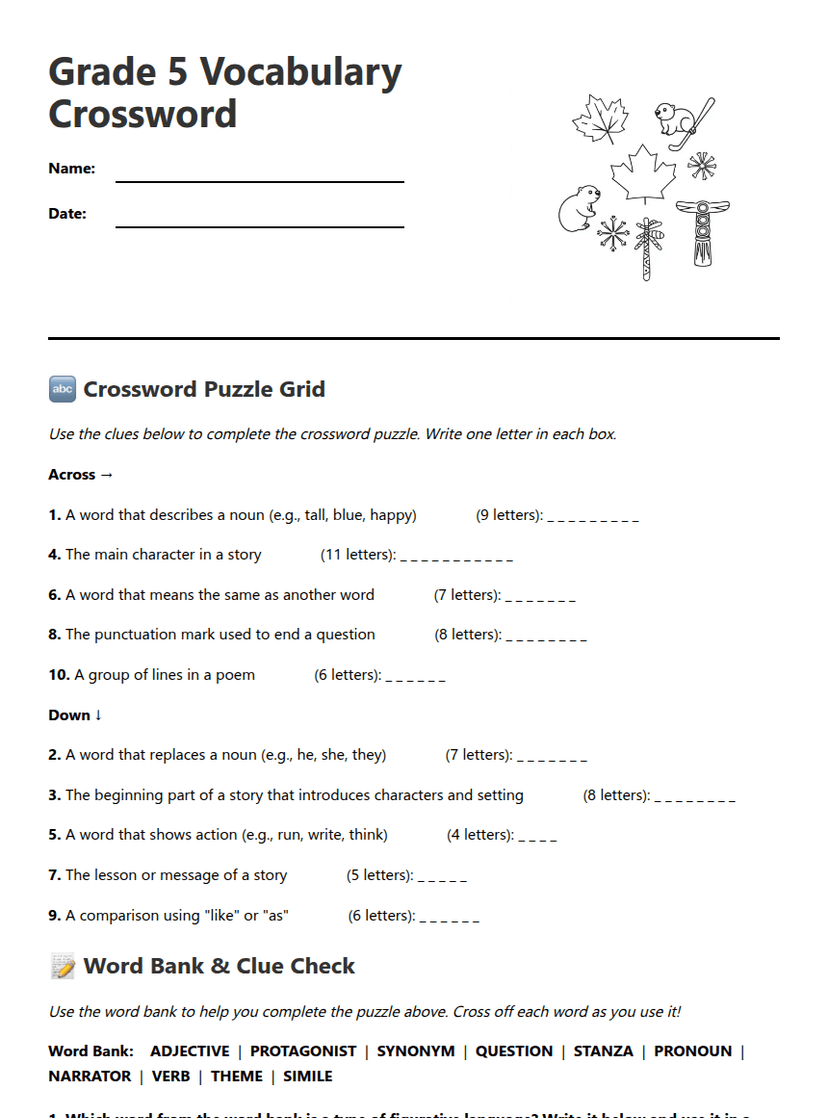 Grade 5 Vocabulary Crossword