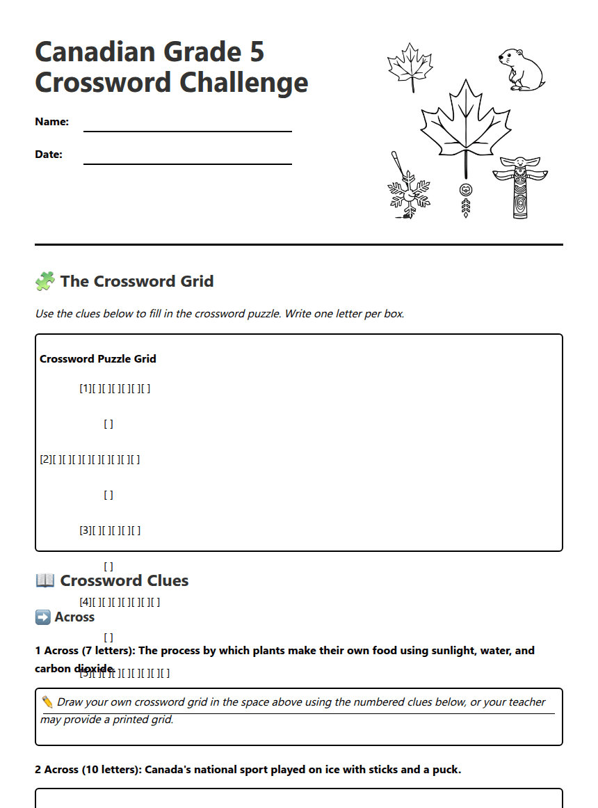 Canadian Grade 5 Crossword Challenge worksheet preview