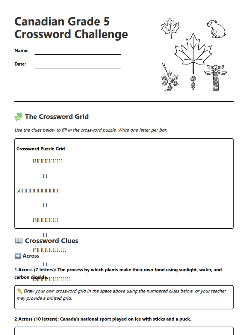 Canadian Grade 5 Crossword Challenge