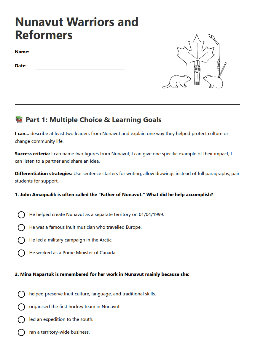 Nunavut Warriors and Reformers worksheet preview
