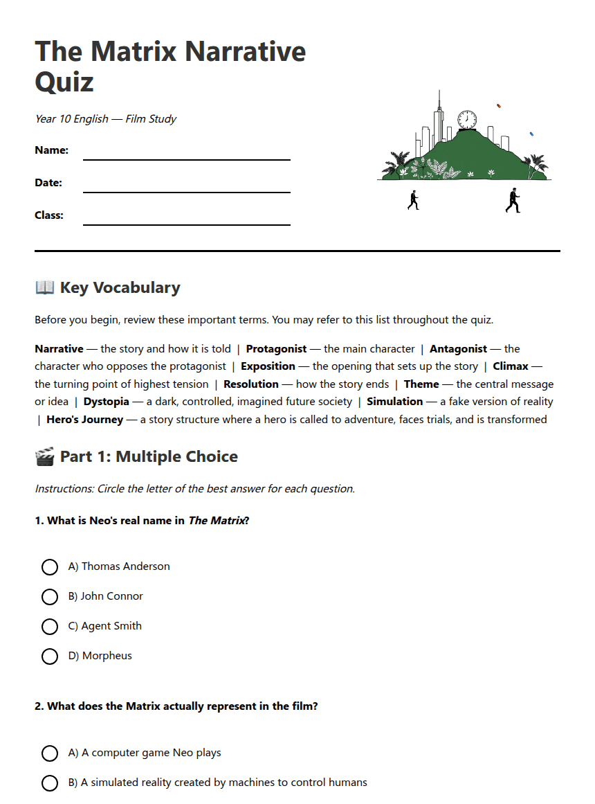 "The Matrix Narrative Quiz" worksheet preview