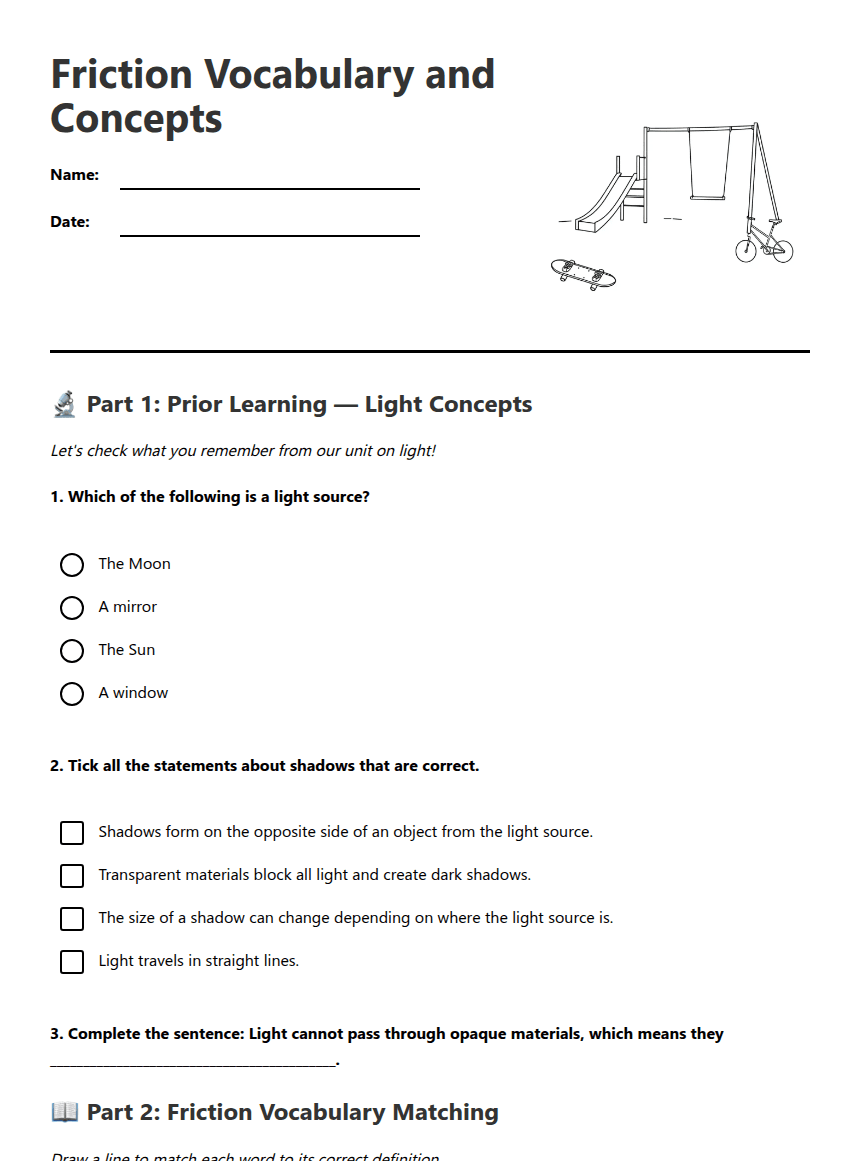 Friction Vocabulary and Concepts worksheet preview