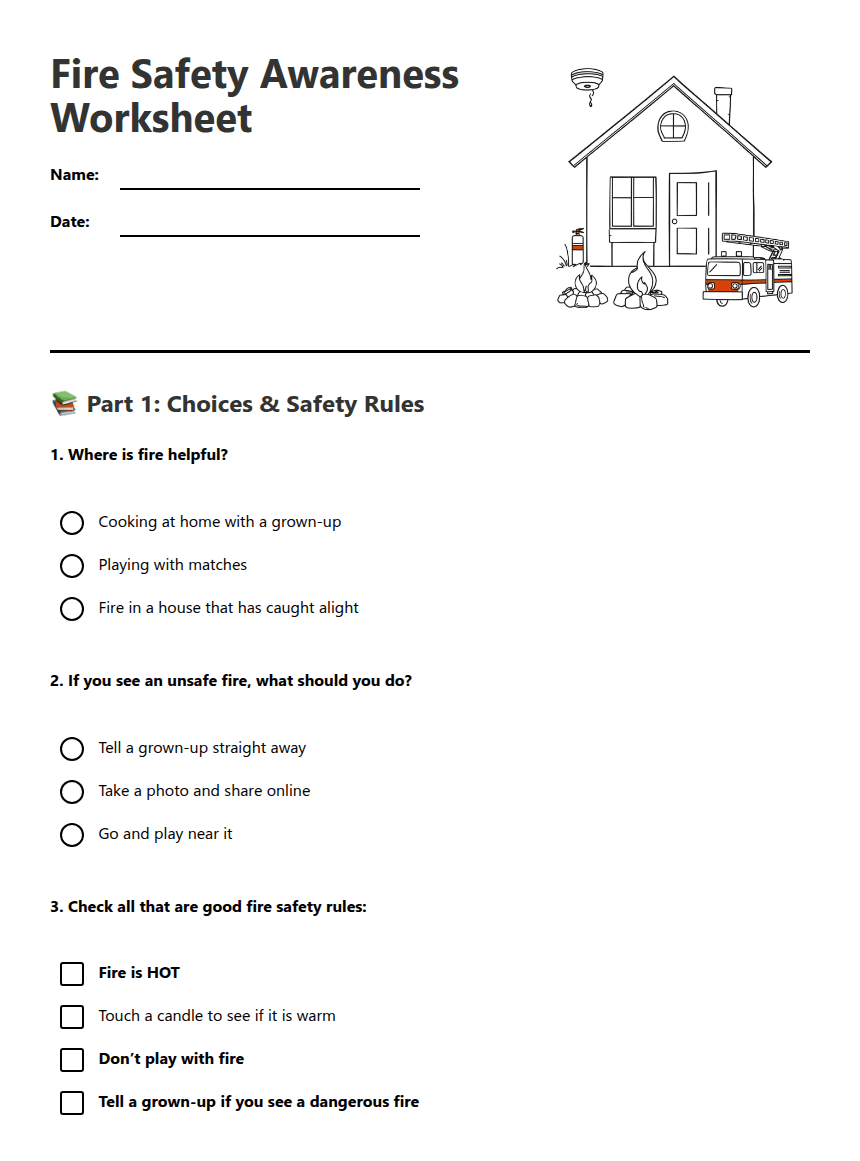 Fire Safety Awareness Worksheet worksheet preview