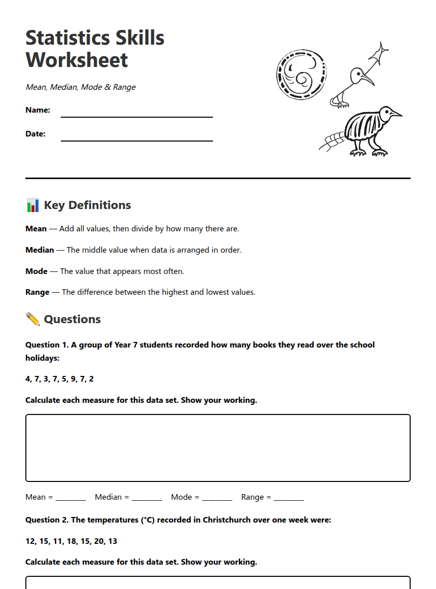 Statistics Skills Worksheet worksheet preview