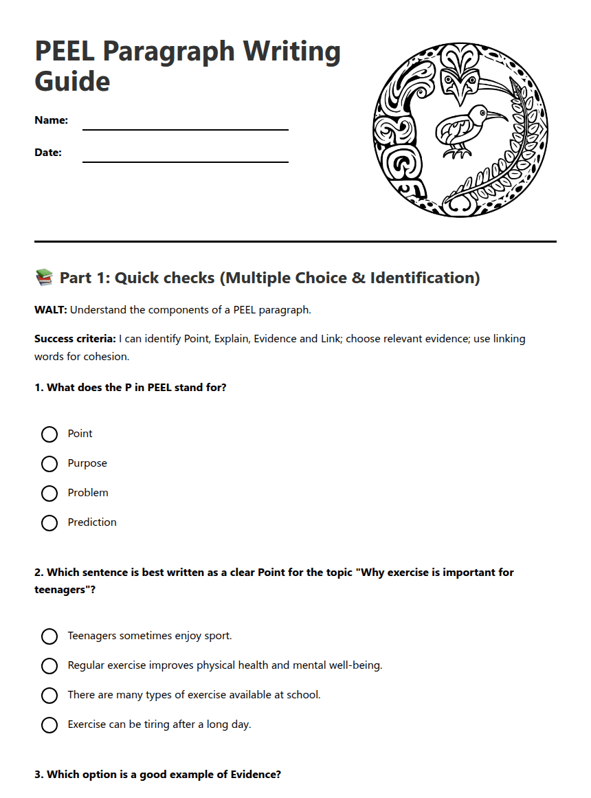 PEEL Paragraph Writing Guide worksheet preview