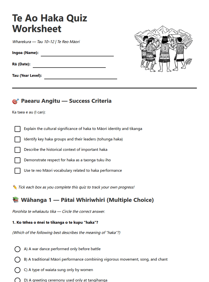 Te Ao Haka Quiz Worksheet