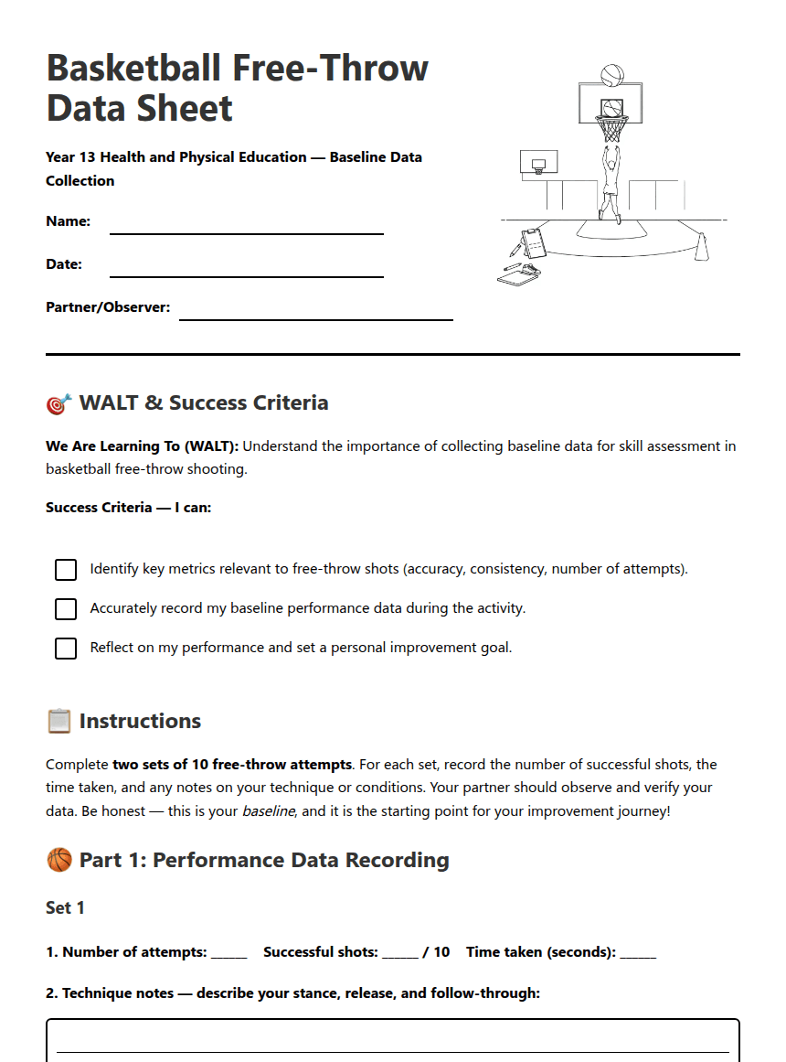 Basketball Free-Throw Data Sheet worksheet preview