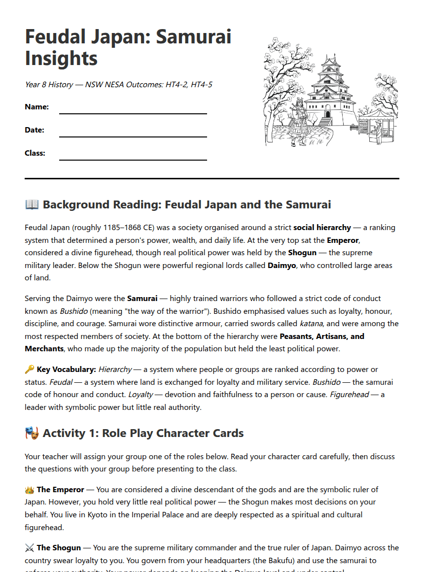 Feudal Japan: Samurai Insights worksheet preview