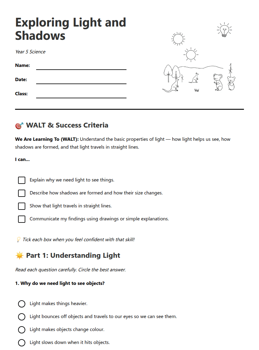 Exploring Light and Shadows worksheet preview