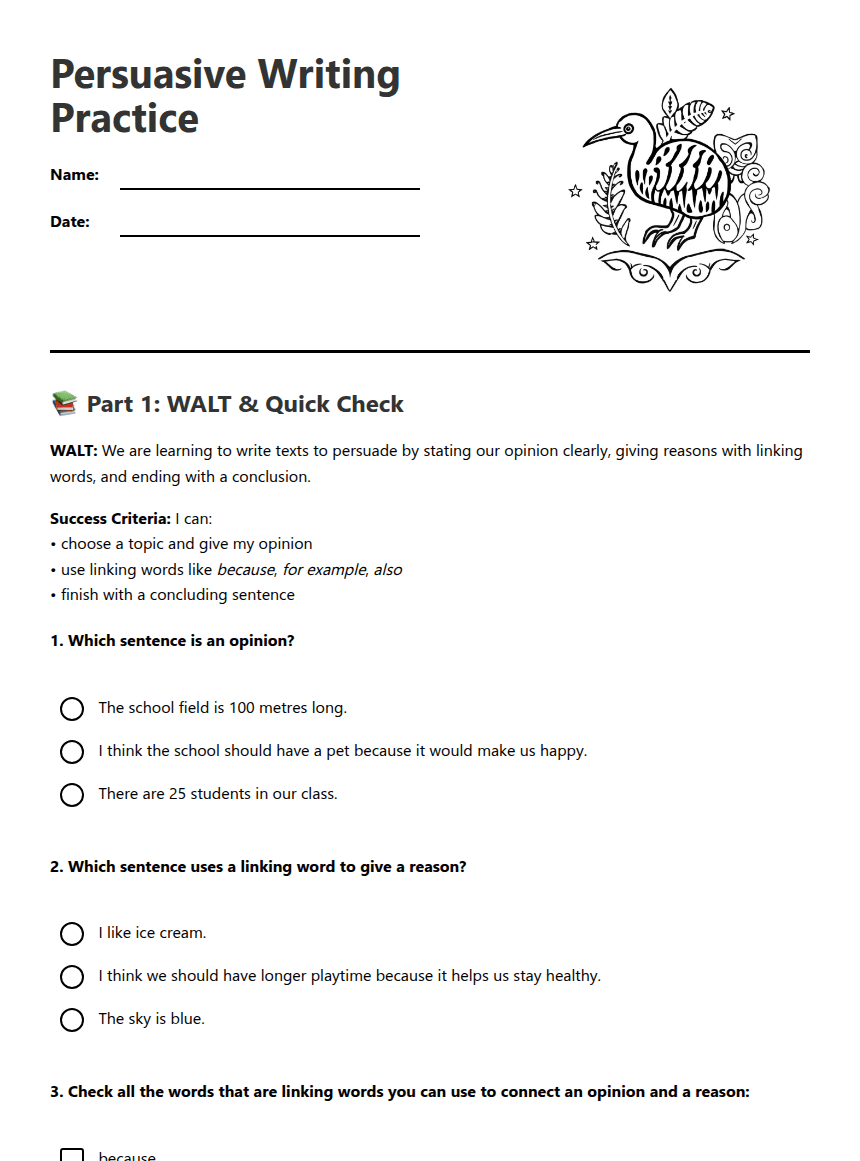 Persuasive Writing Practice worksheet preview