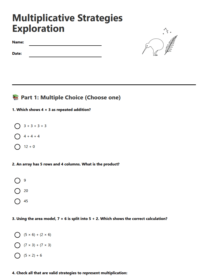 Multiplicative Strategies Exploration worksheet preview