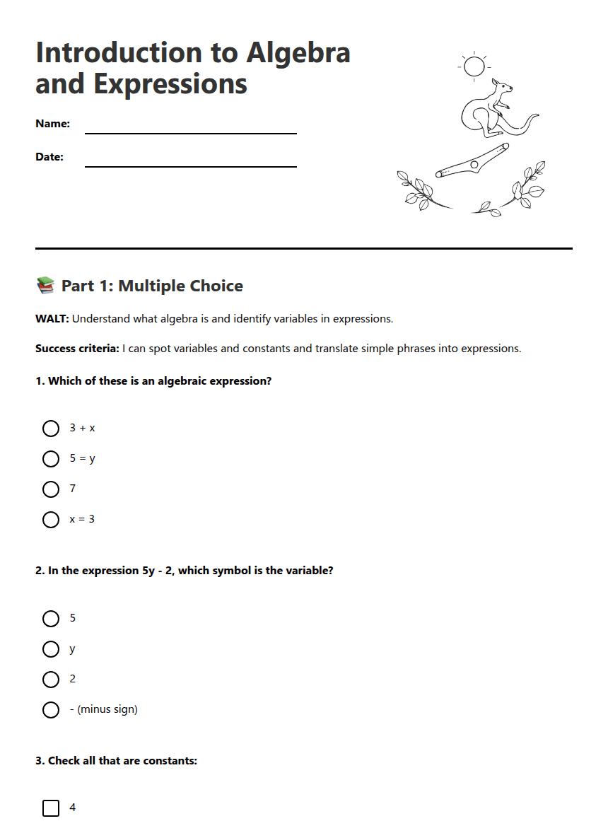 Introduction to Algebra Expressions worksheet preview