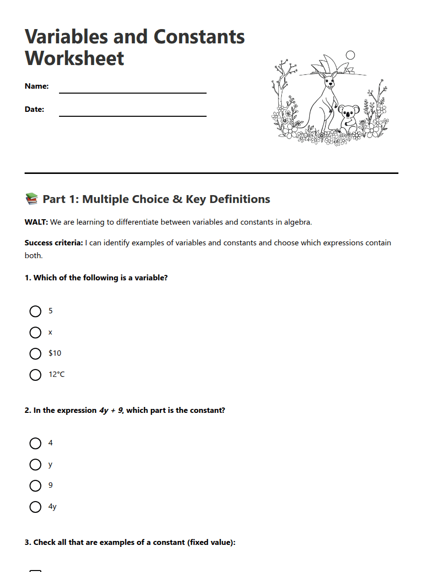 Variables and Constants Worksheet worksheet preview