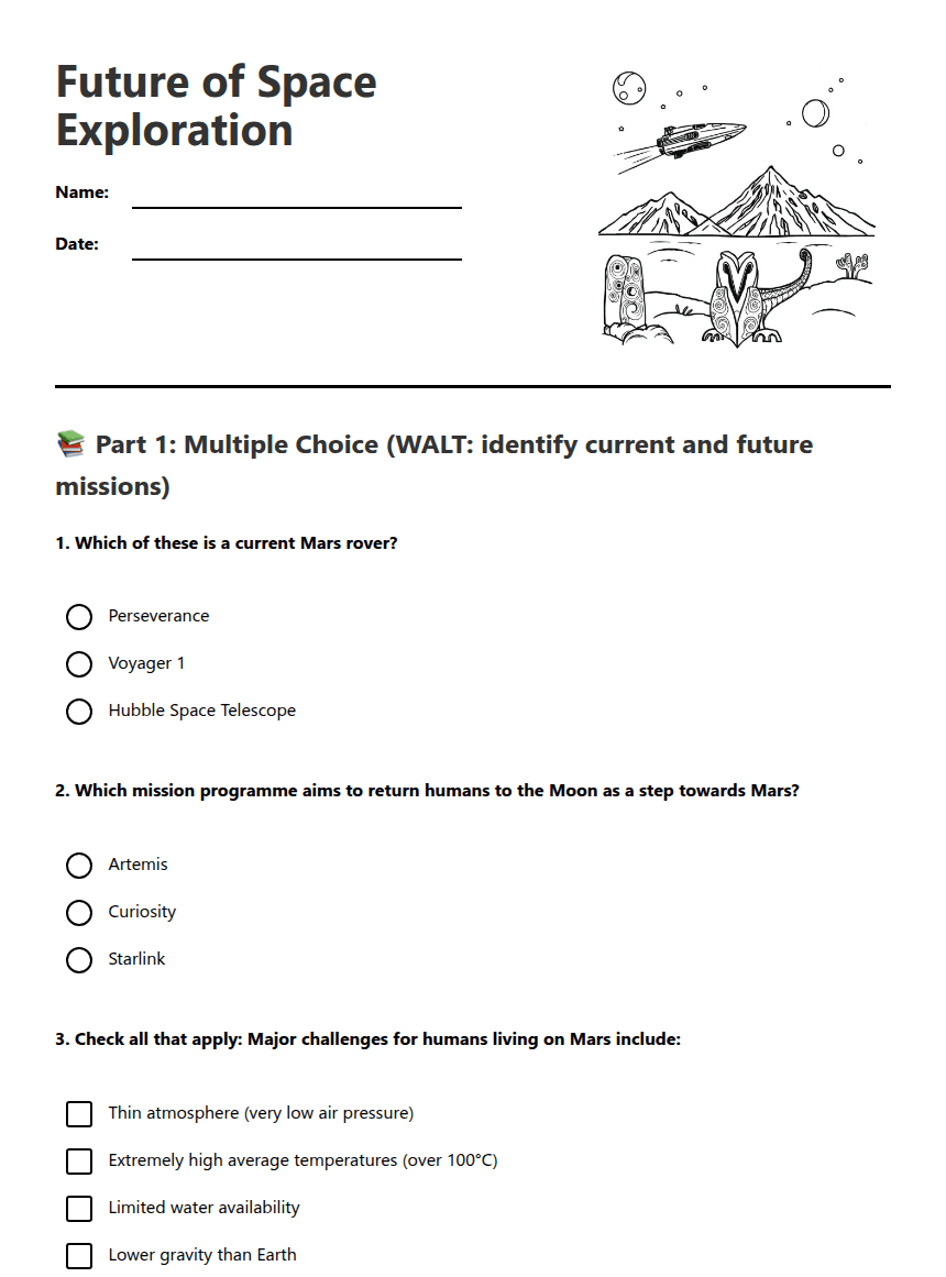 Future of Space Exploration worksheet preview