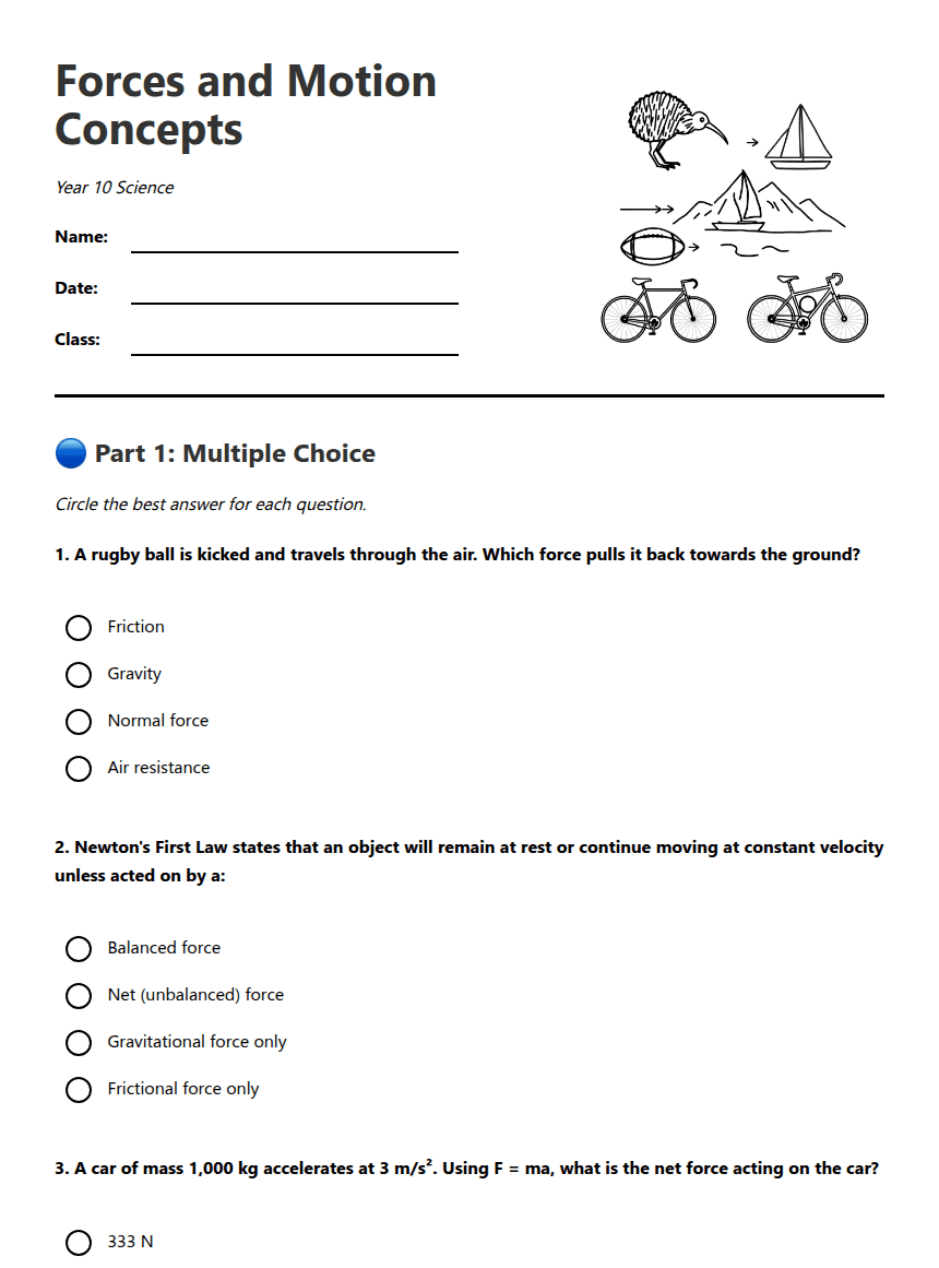Forces and Motion Concepts worksheet preview