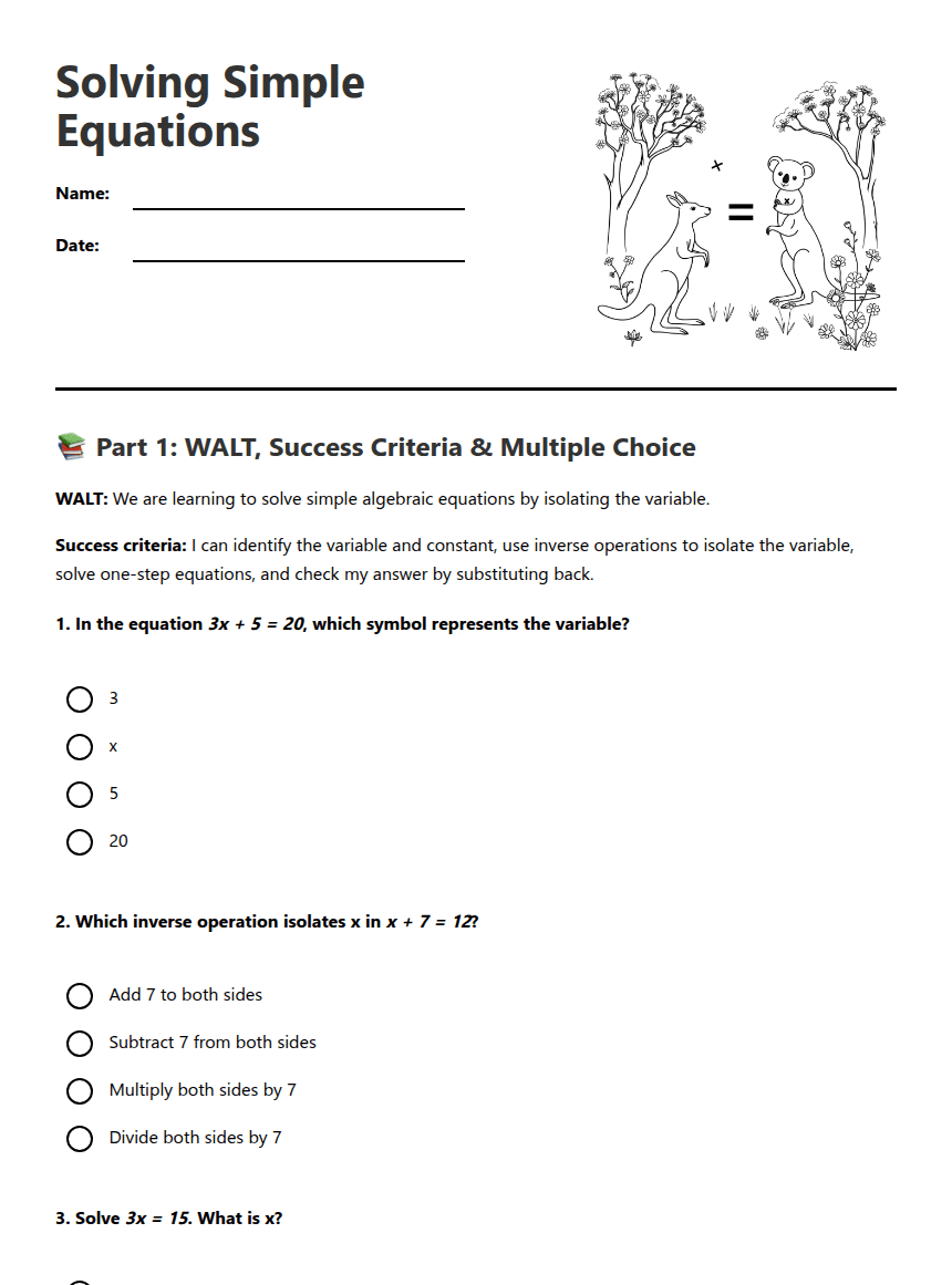 Solving Simple Equations worksheet preview