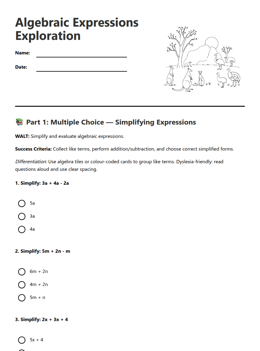 Algebraic Expressions Exploration worksheet preview