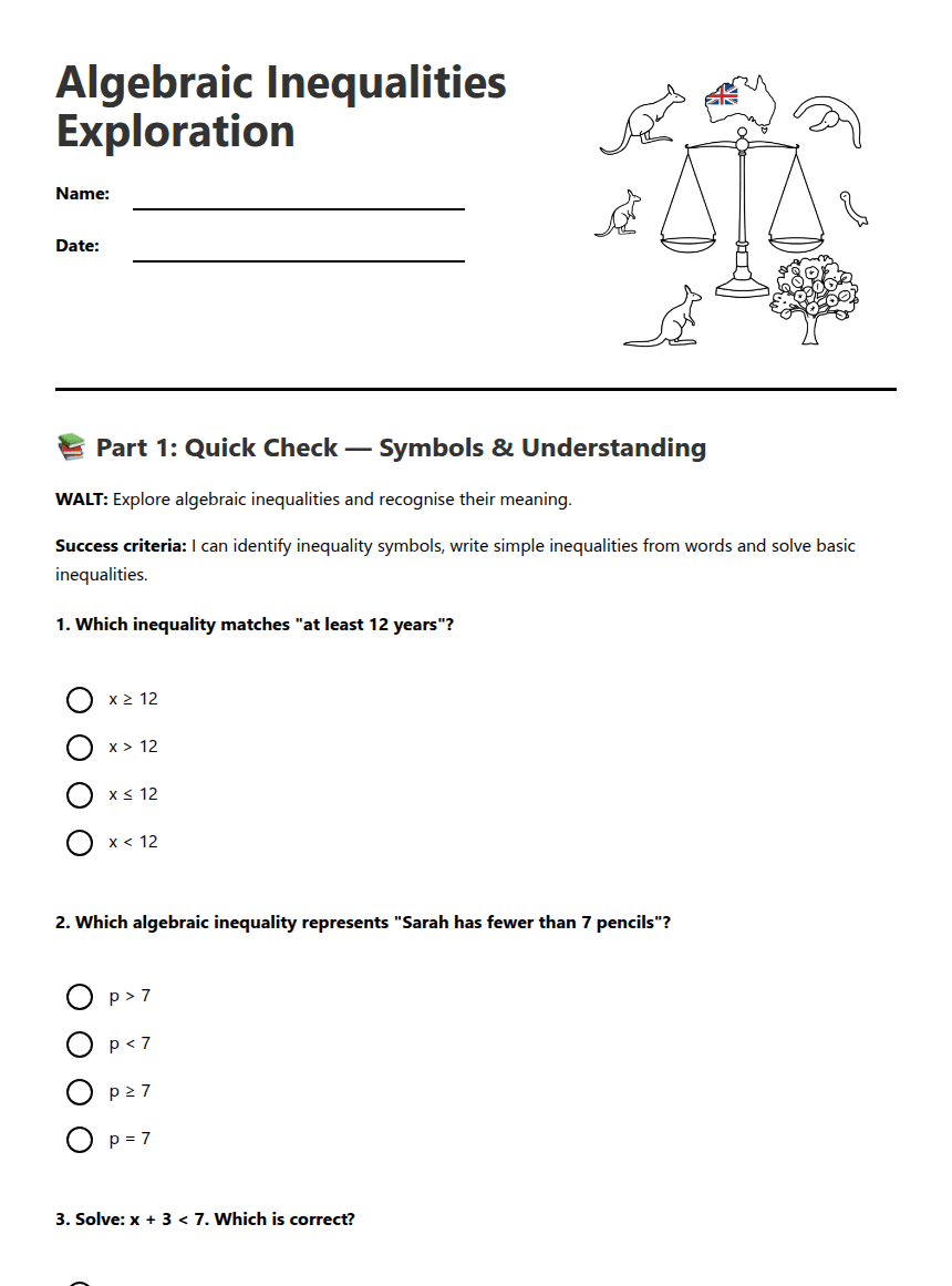 Algebraic Inequalities Exploration worksheet preview