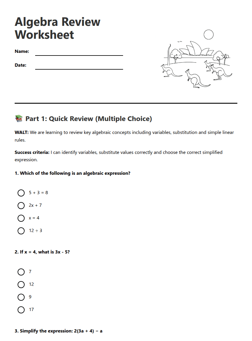 Algebra Review Worksheet worksheet preview