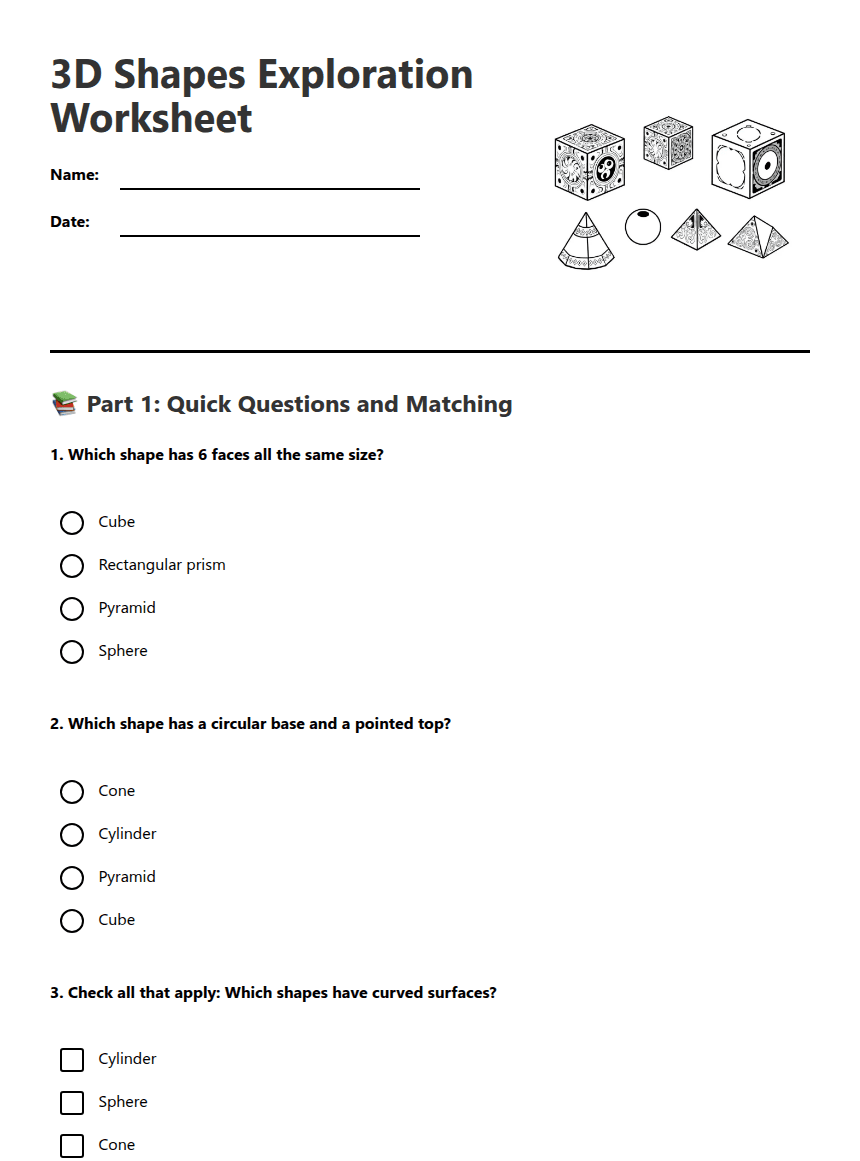 3D Shapes Exploration Worksheet worksheet preview