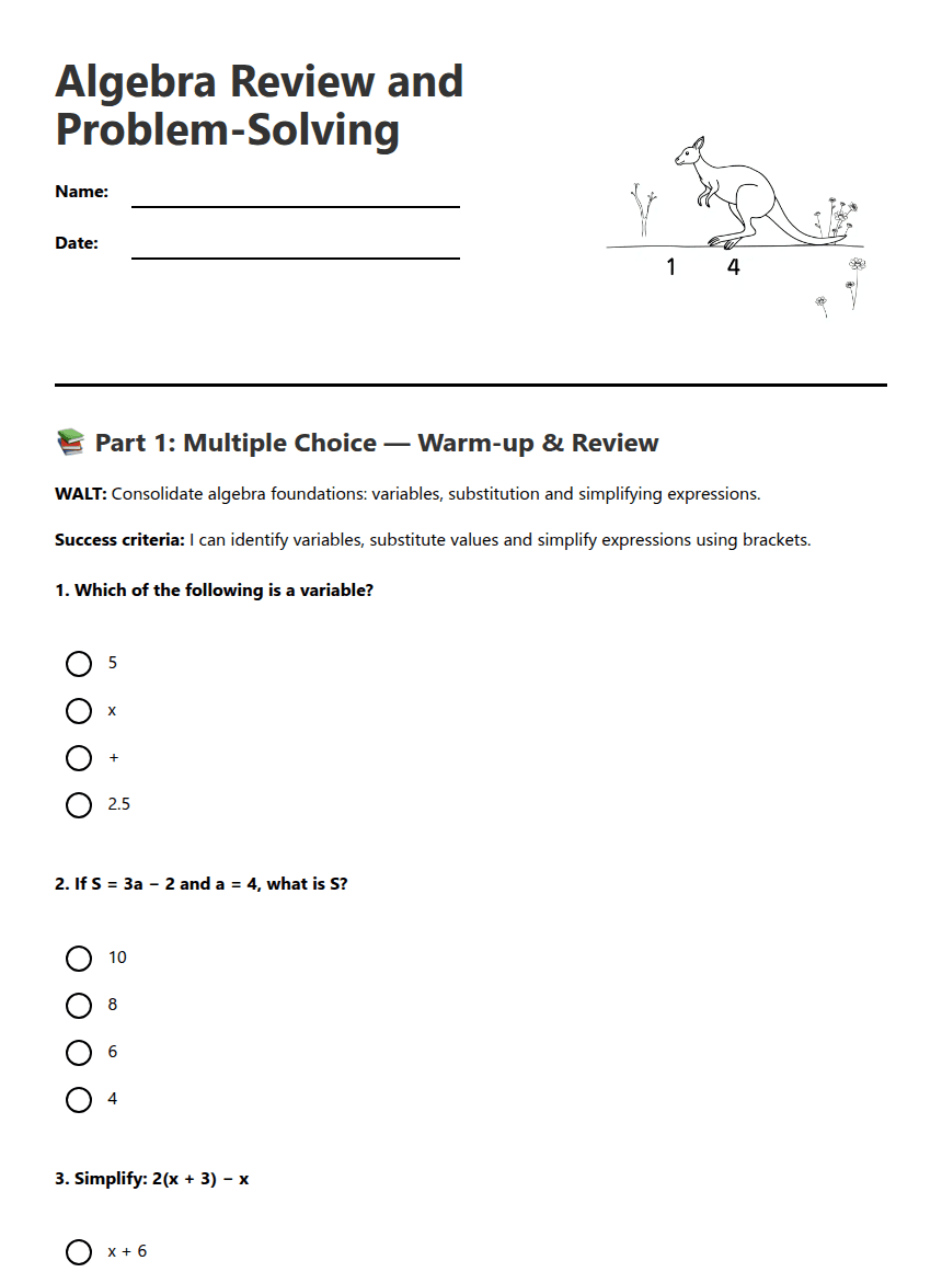 Algebra Review and Problem-Solving worksheet preview
