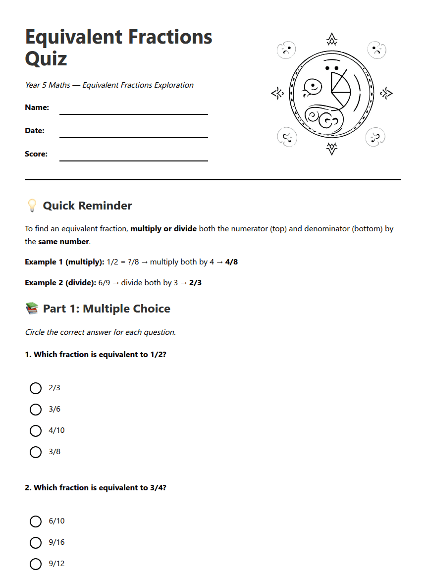 Equivalent Fractions Quiz worksheet preview