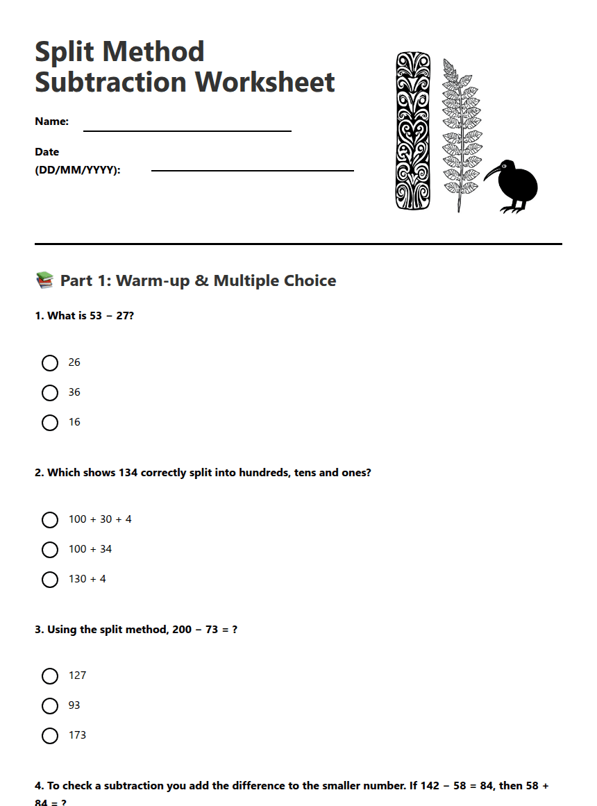 Split Method Subtraction Worksheet worksheet preview