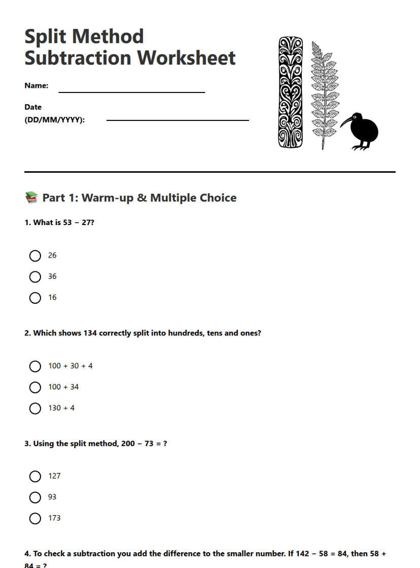 Split Method Subtraction Worksheet