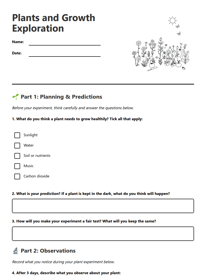Plants and Growth Exploration worksheet preview