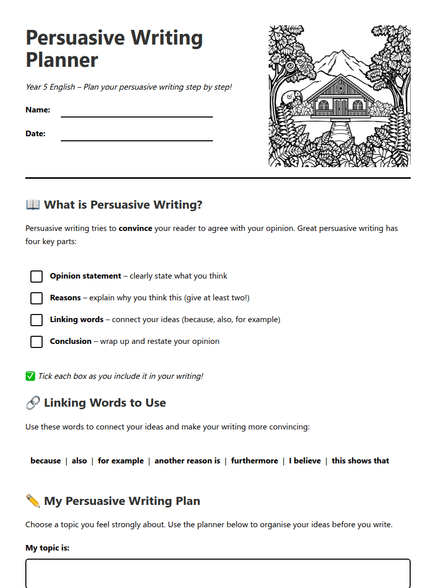 Persuasive Writing Planner worksheet preview