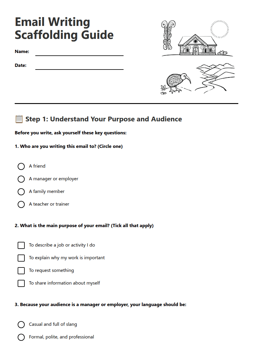 Email Writing Scaffolding Guide worksheet preview